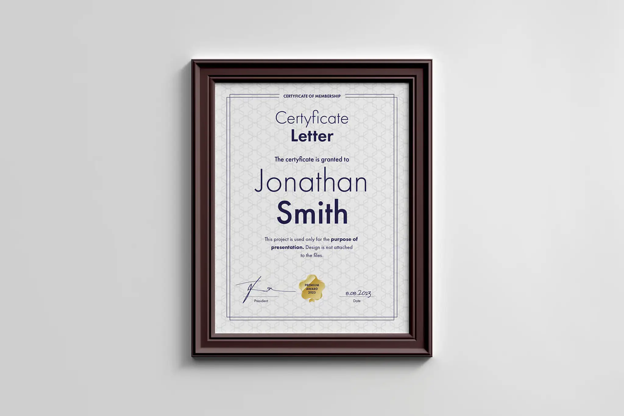 Certificate mockup 3, portrait orientation, US_Letter size